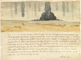 Drömlandskap med text, 1526 (penna och bläck och wc på papper)
